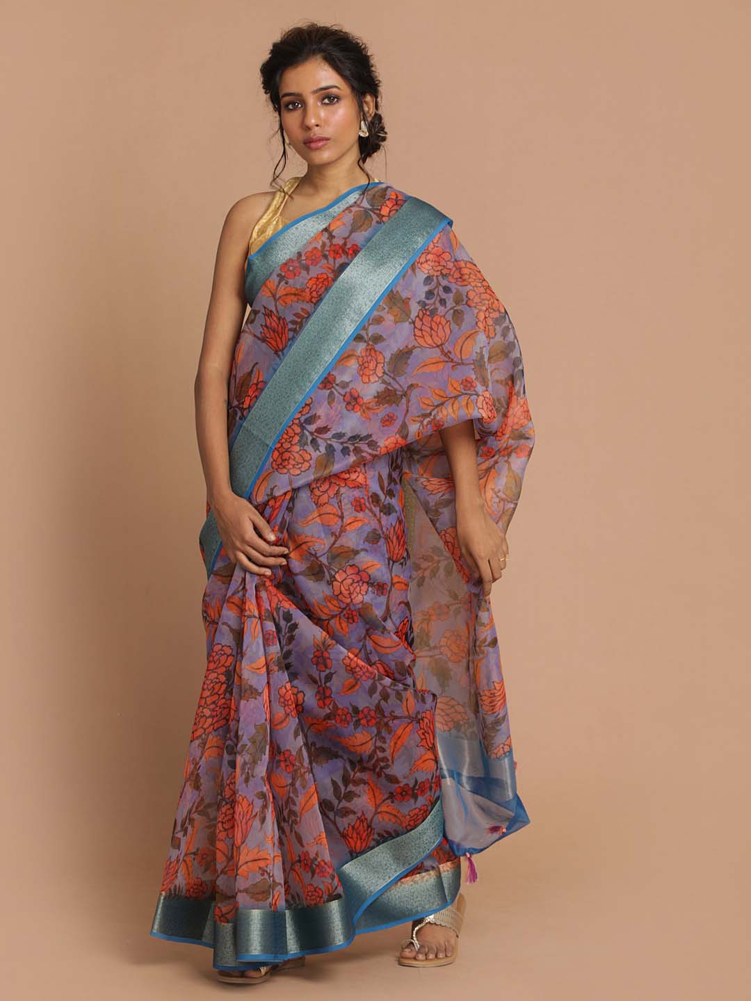Indethnic Banarasi Blue Printed Party Wear Saree - View 1