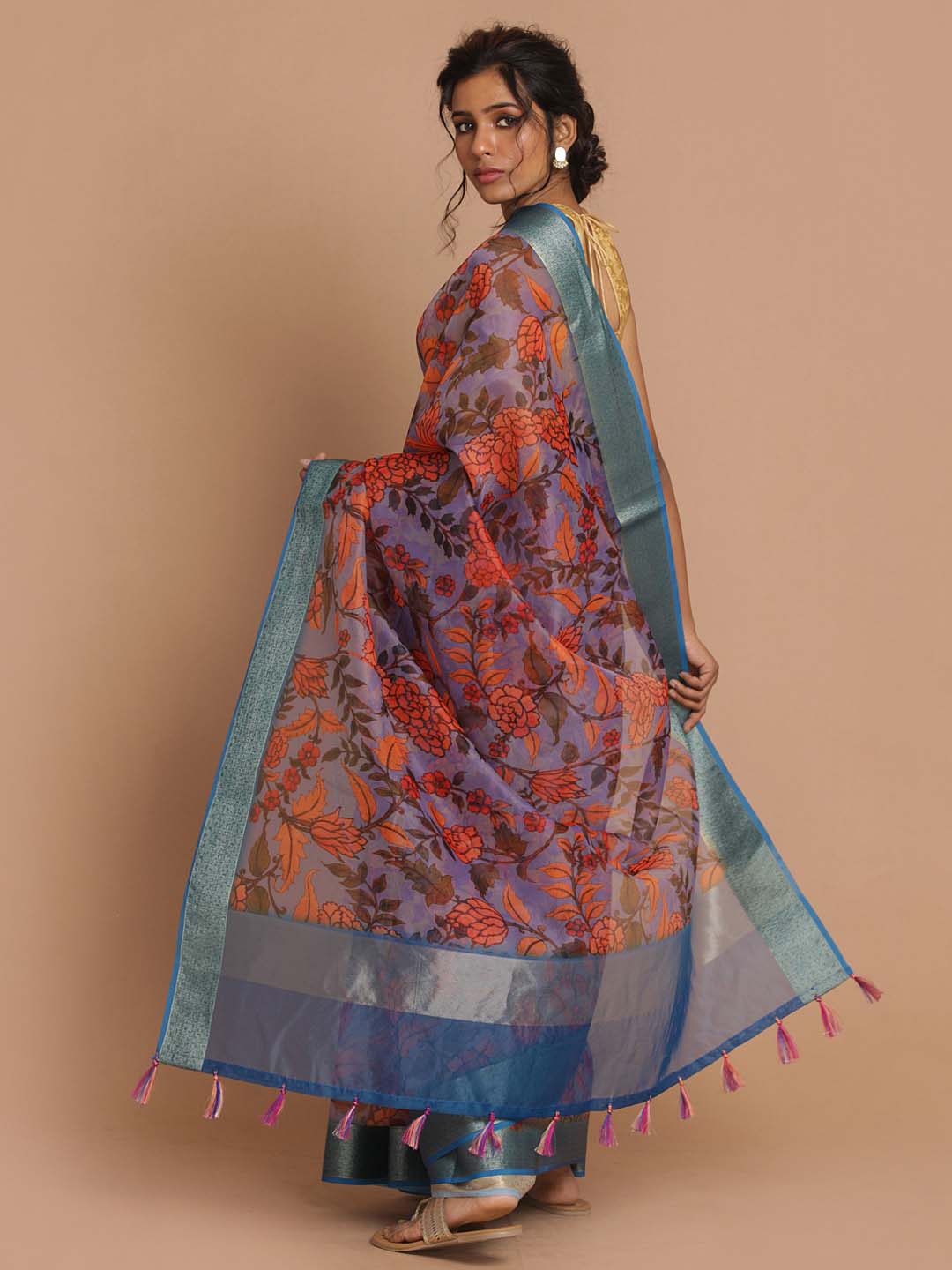 Indethnic Banarasi Blue Printed Party Wear Saree - View 3