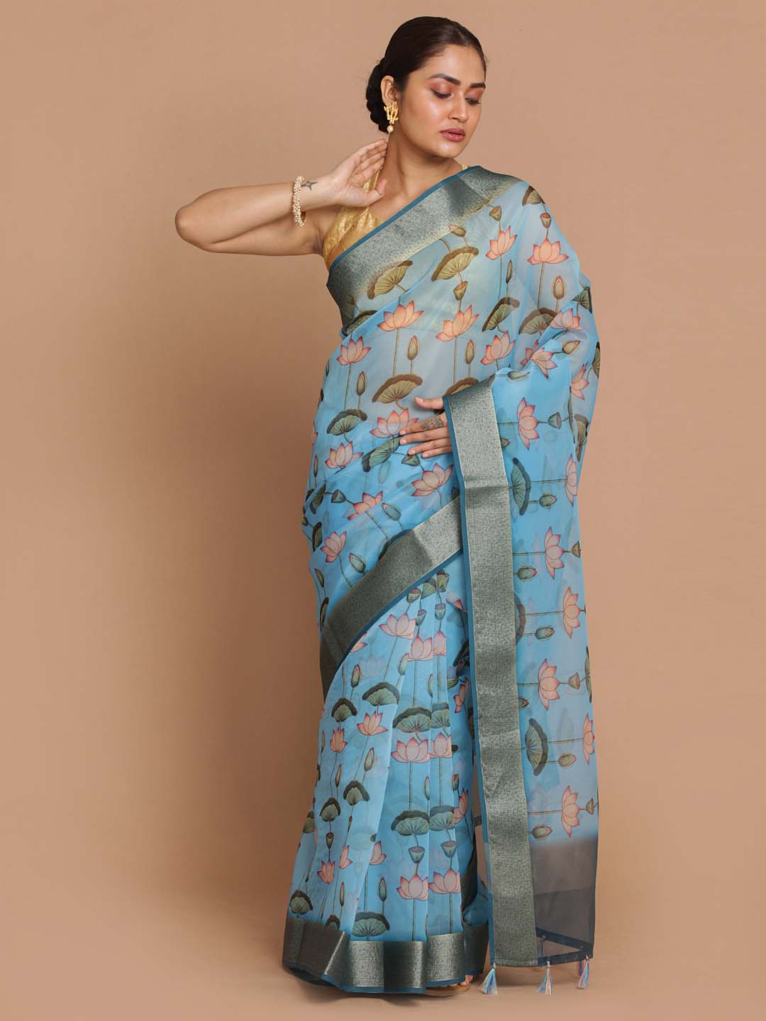 Indethnic Banarasi Blue Printed Party Wear Saree - View 1