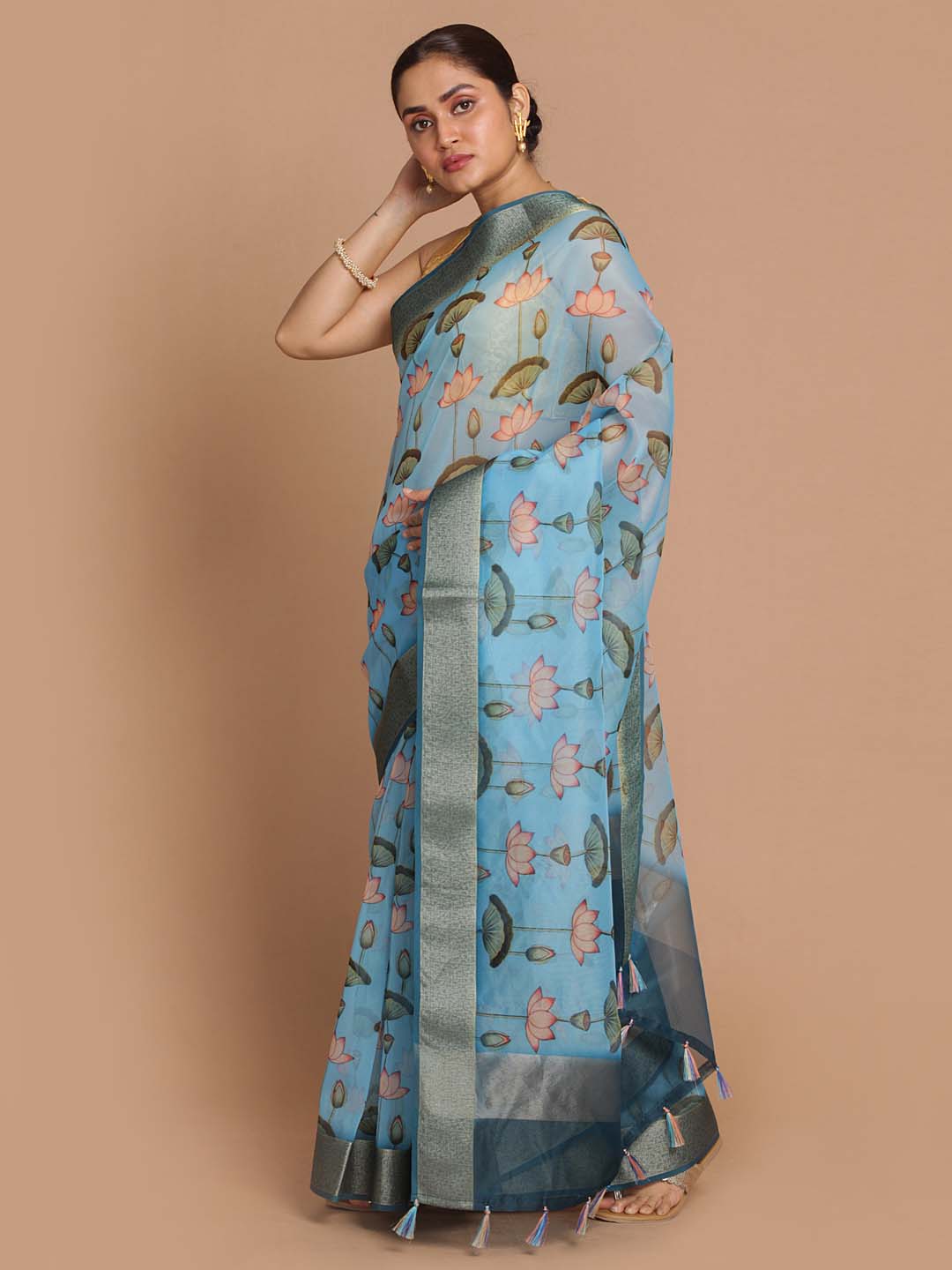 Indethnic Banarasi Blue Printed Party Wear Saree - View 2