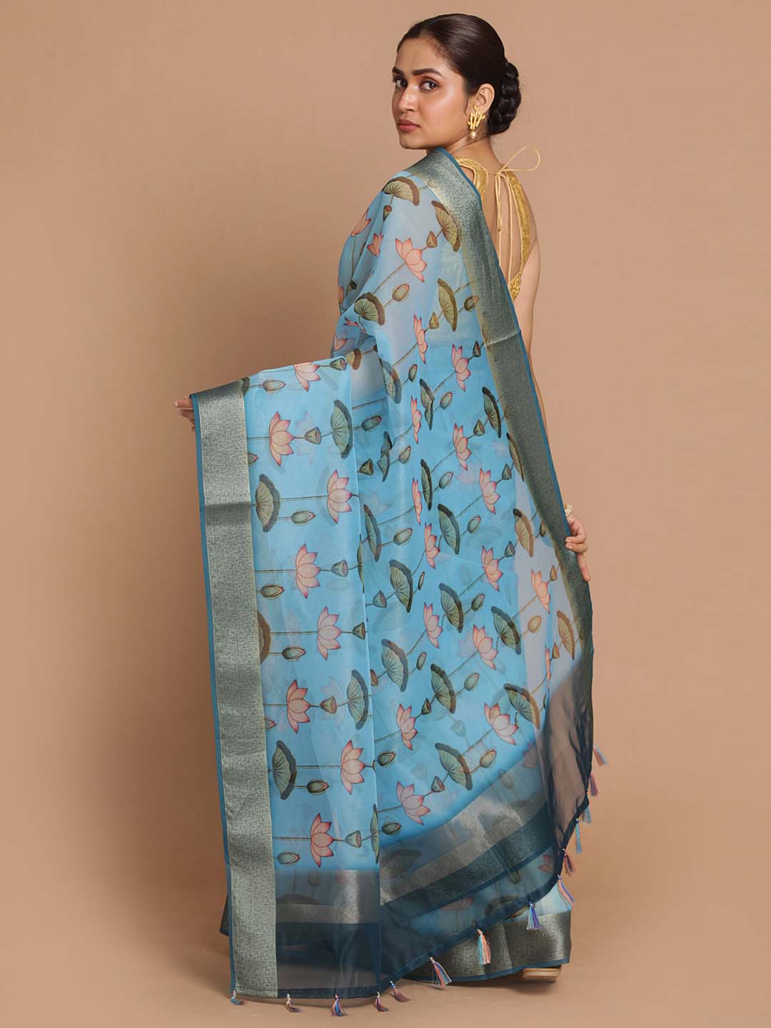 Indethnic Banarasi Blue Printed Party Wear Saree - View 3