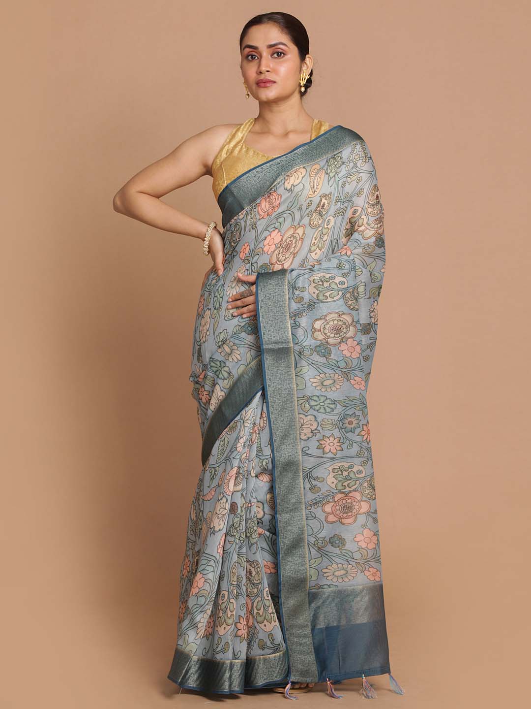 Indethnic Banarasi Blue Printed Party Wear Saree - View 1