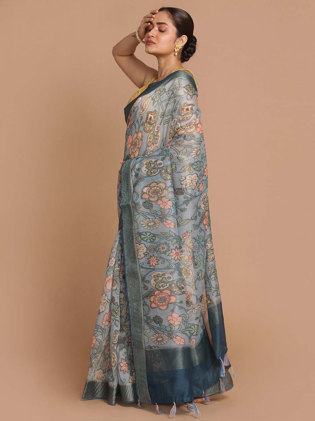 Indethnic Banarasi Blue Printed Party Wear Saree - View 2