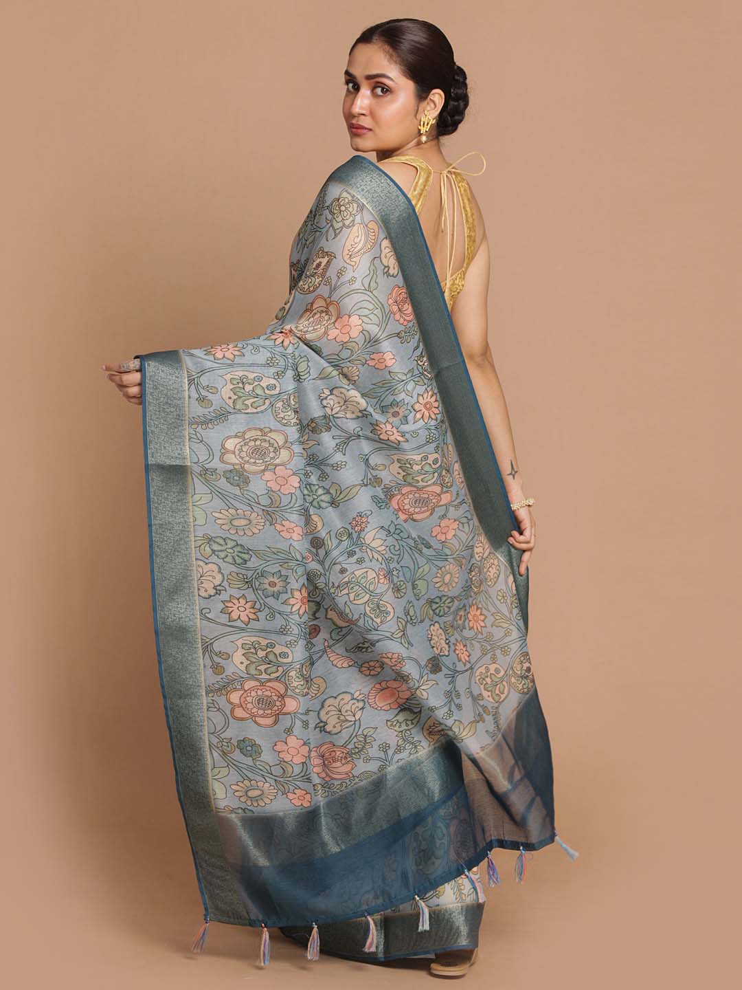 Indethnic Banarasi Blue Printed Party Wear Saree - View 3