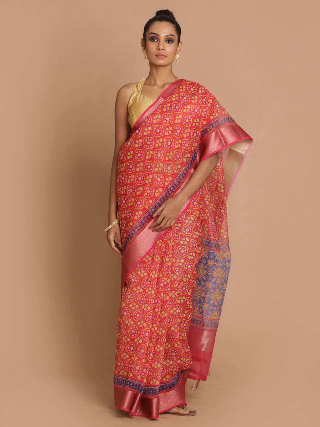 Indethnic Banarasi Coral Printed Party Wear Saree - View 1