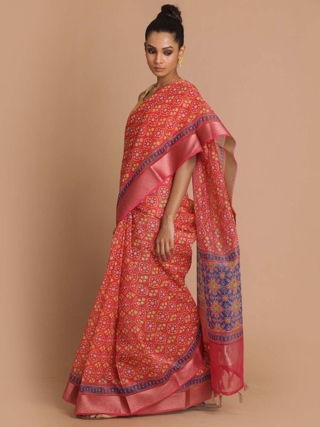 Indethnic Banarasi Coral Printed Party Wear Saree - View 2