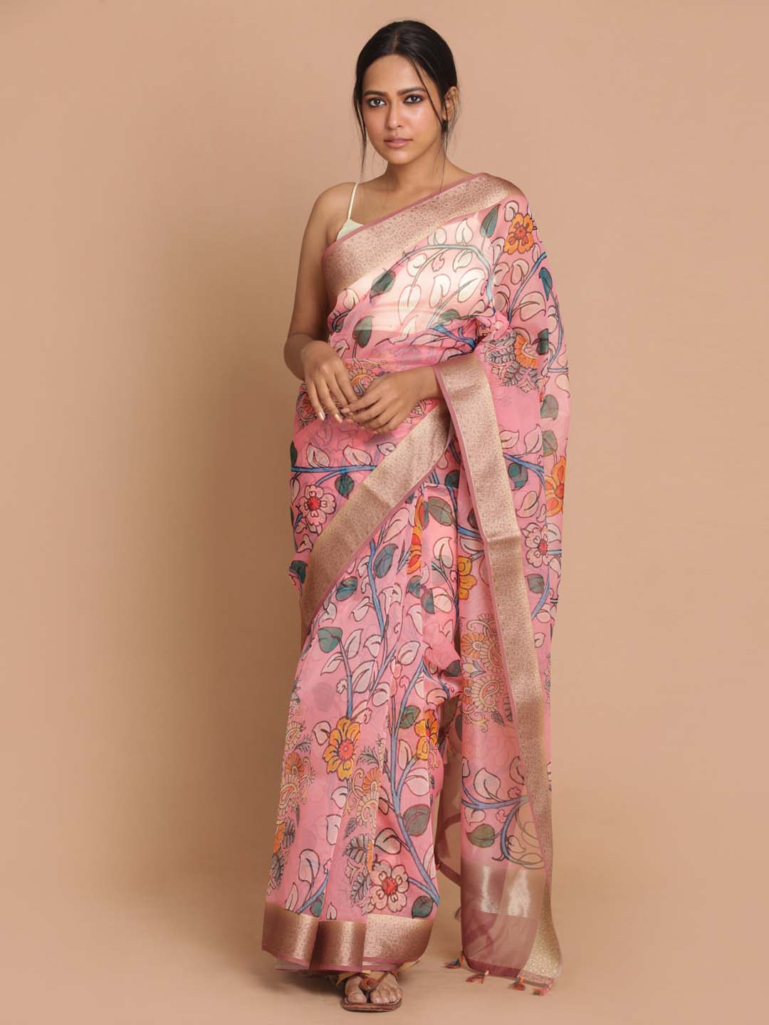 Indethnic Banarasi Coral Printed Party Wear Saree - View 1