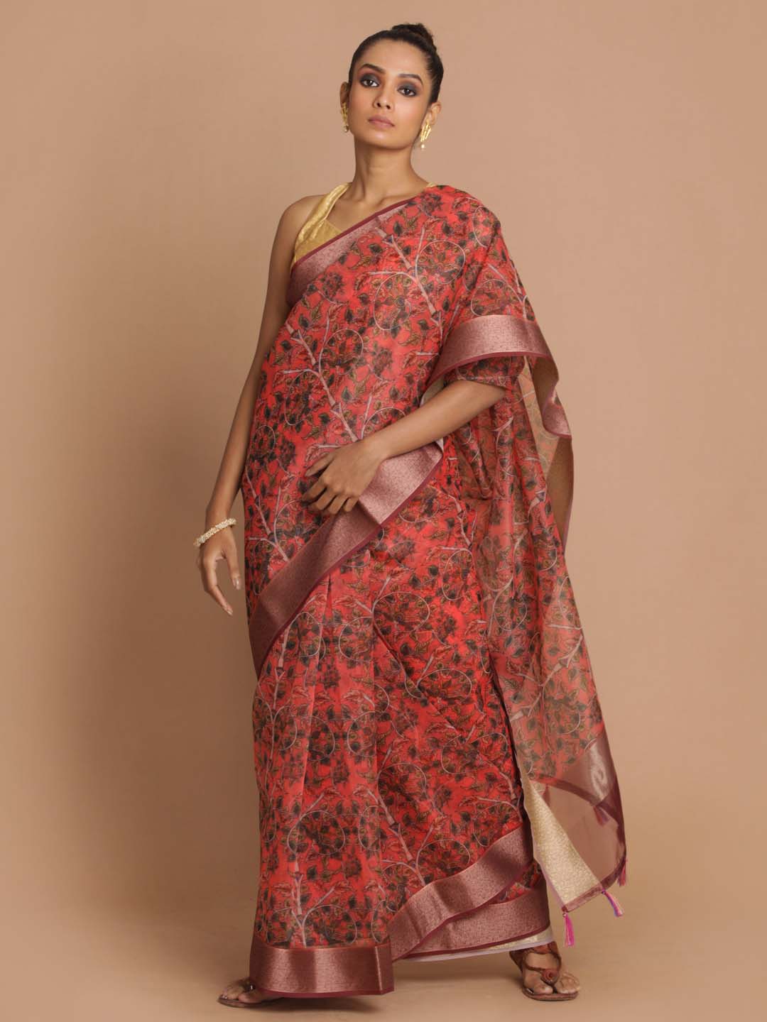 Indethnic Banarasi Coral Printed Party Wear Saree - View 1