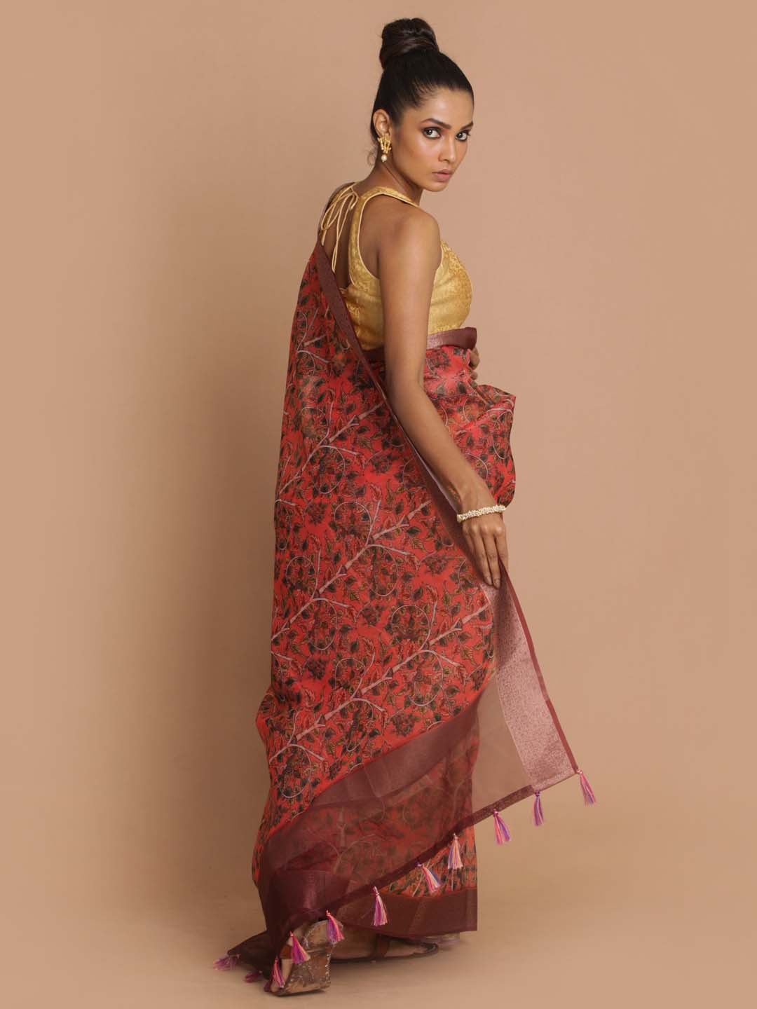 Indethnic Banarasi Coral Printed Party Wear Saree - View 3