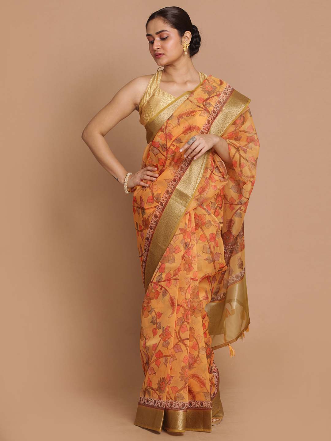 Indethnic Banarasi Gold Printed Party Wear Saree - View 1