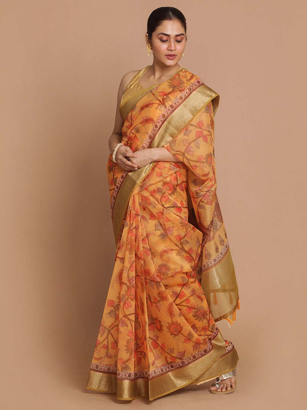 Indethnic Banarasi Gold Printed Party Wear Saree - View 2