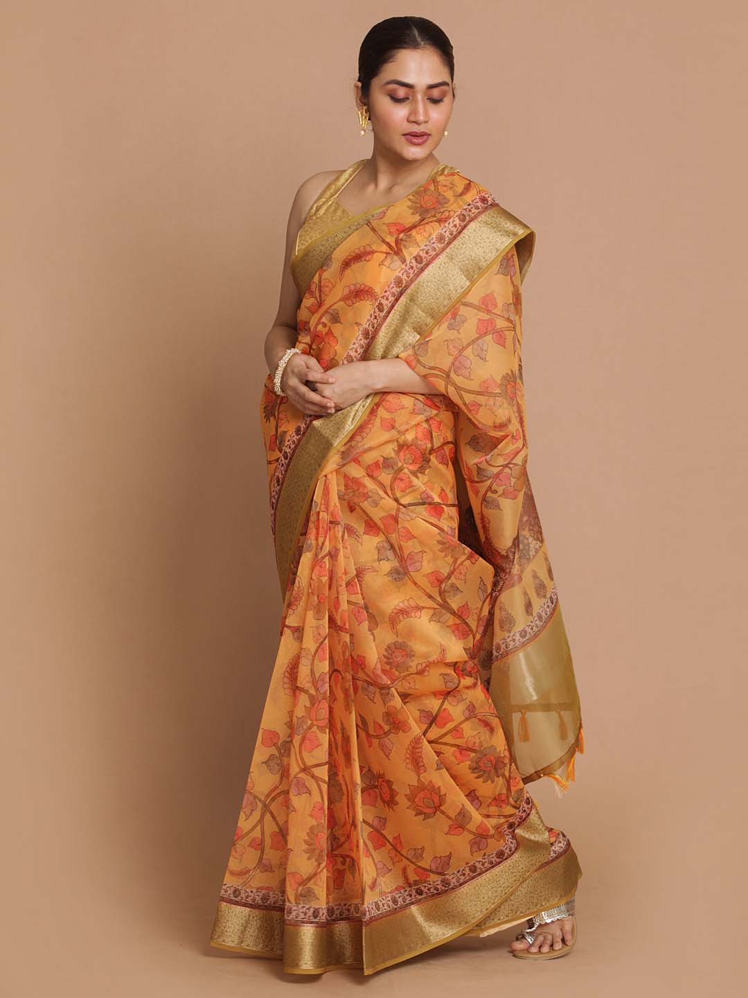 Indethnic Banarasi Gold Printed Party Wear Saree - View 1
