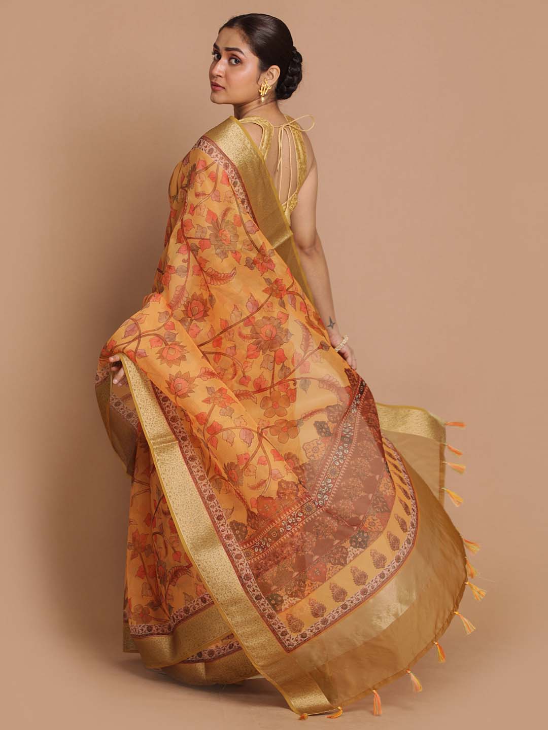 Indethnic Banarasi Gold Printed Party Wear Saree - View 3