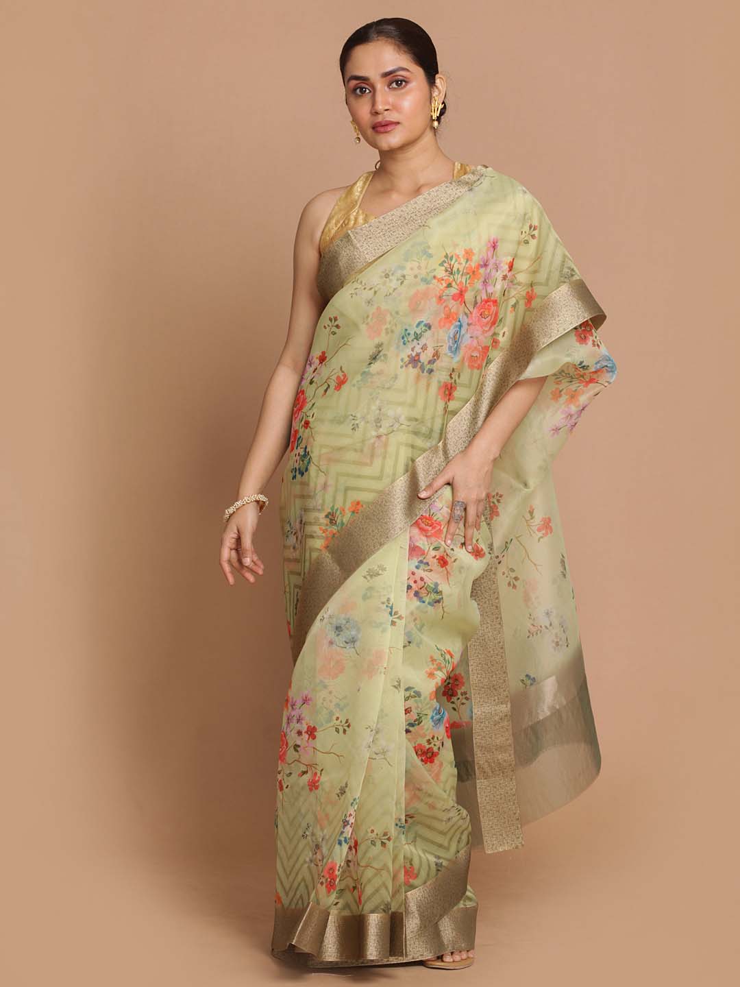 Indethnic Banarasi Green Printed Party Wear Saree - View 1