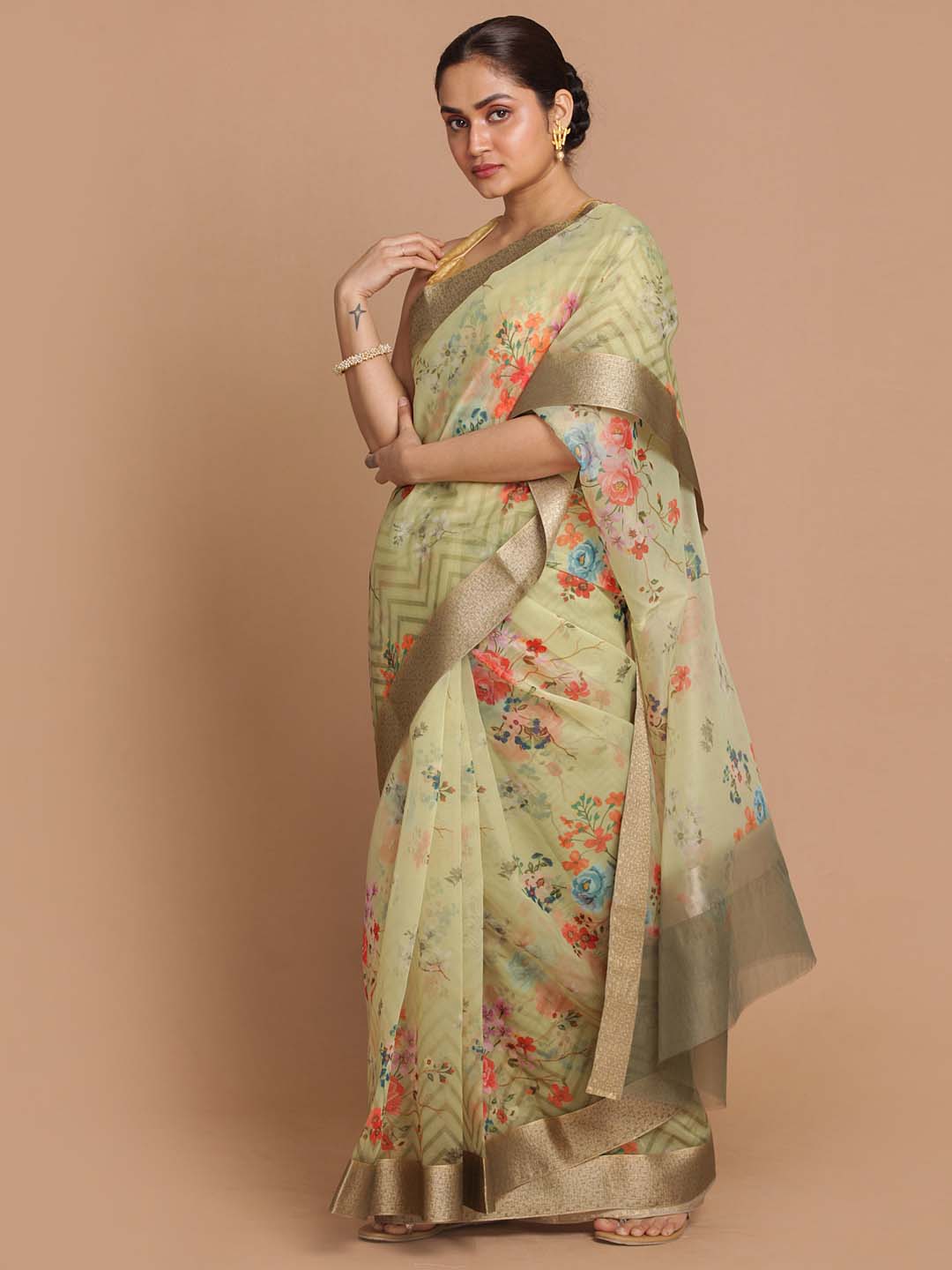 Indethnic Banarasi Green Printed Party Wear Saree - View 2