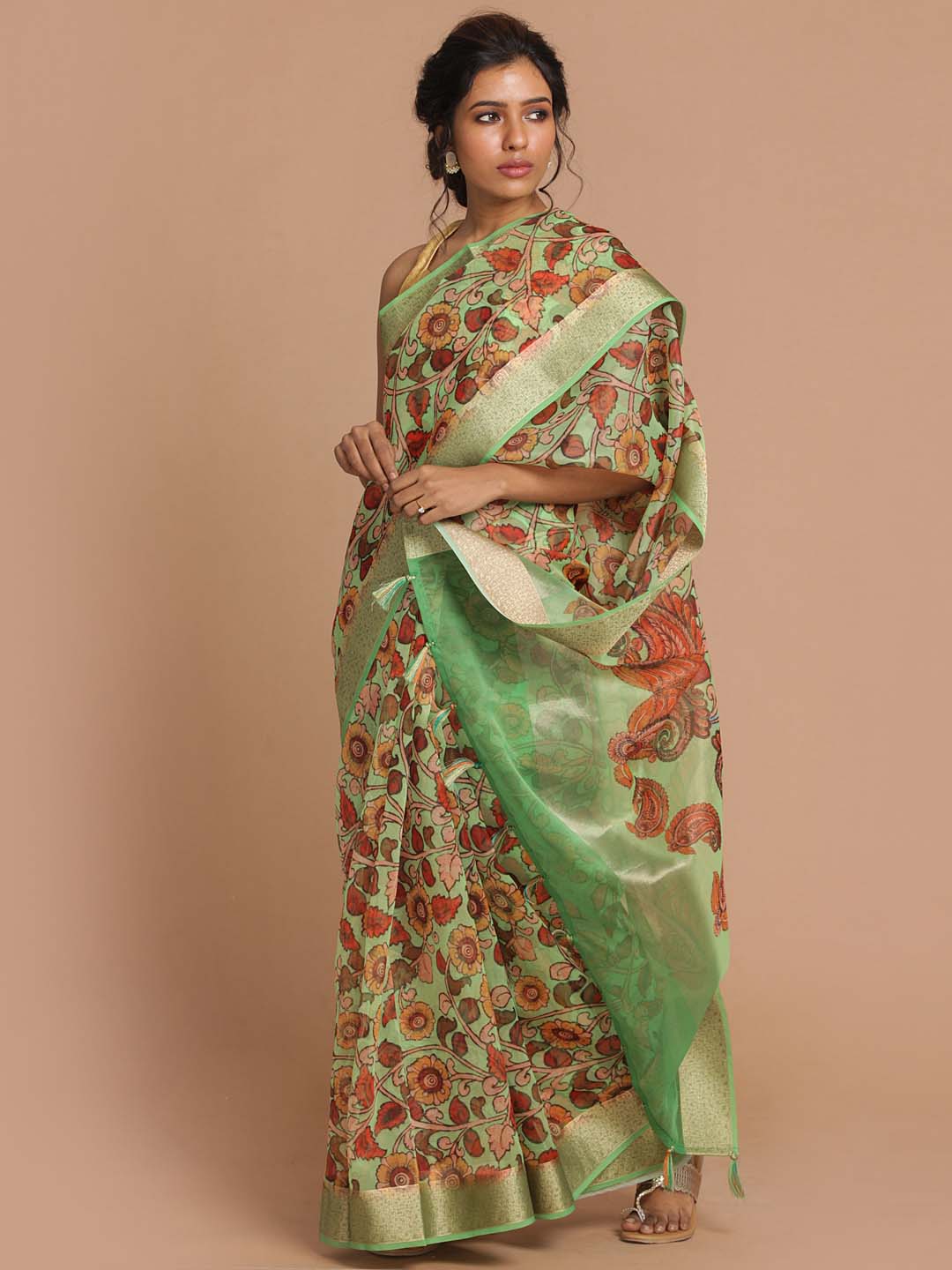Indethnic Banarasi Green Printed Party Wear Saree - View 1