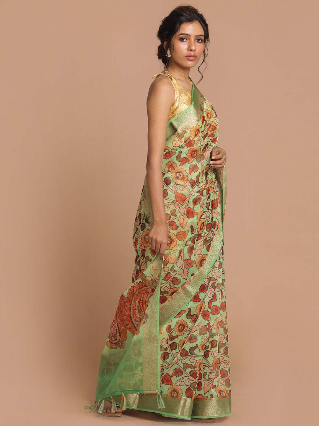 Indethnic Banarasi Green Printed Party Wear Saree - View 2