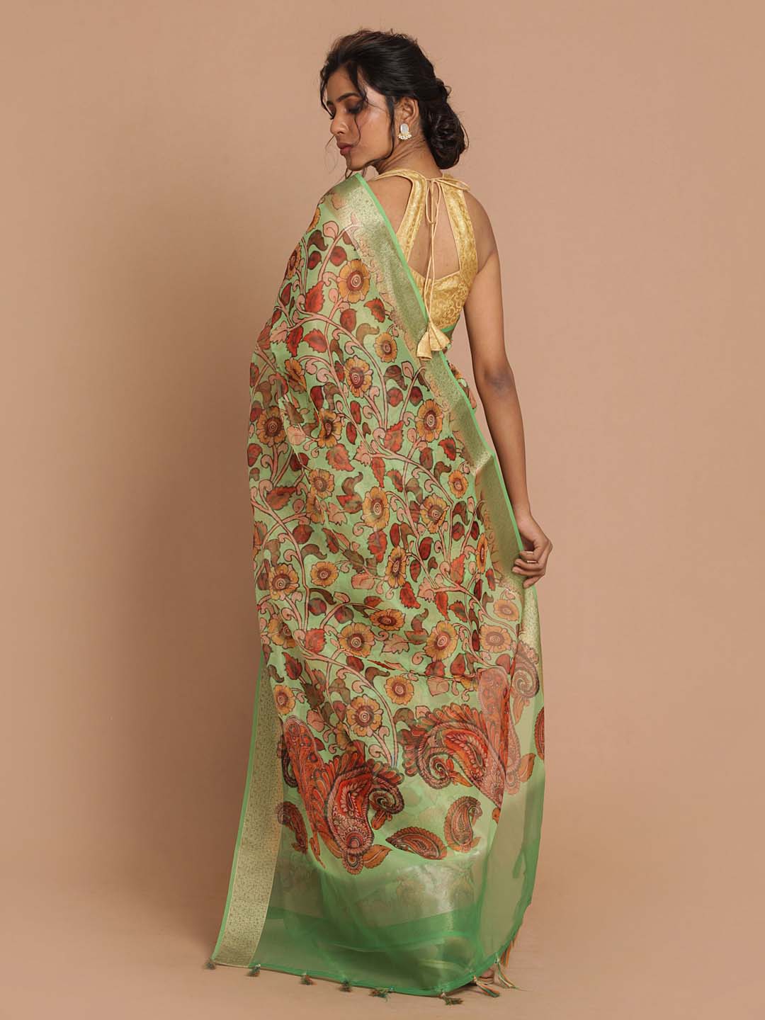 Indethnic Banarasi Green Printed Party Wear Saree - View 3