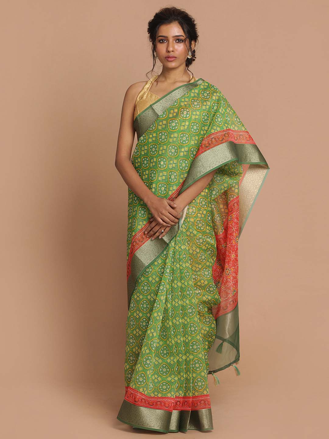 Indethnic Banarasi Green Printed Party Wear Saree - View 1