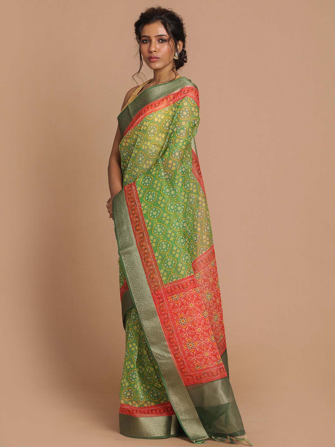 Indethnic Banarasi Green Printed Party Wear Saree - View 2