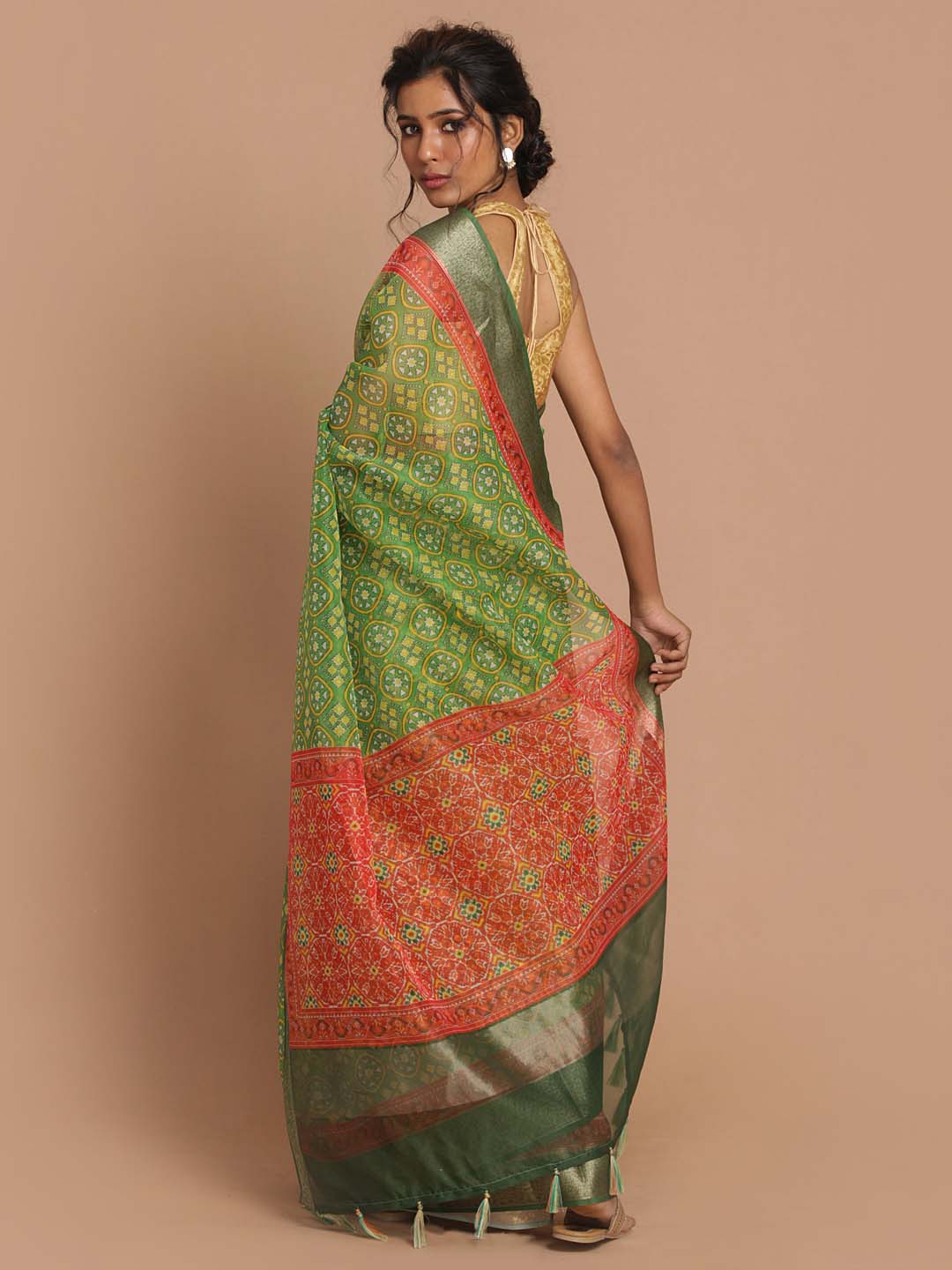 Indethnic Banarasi Green Printed Party Wear Saree - View 3