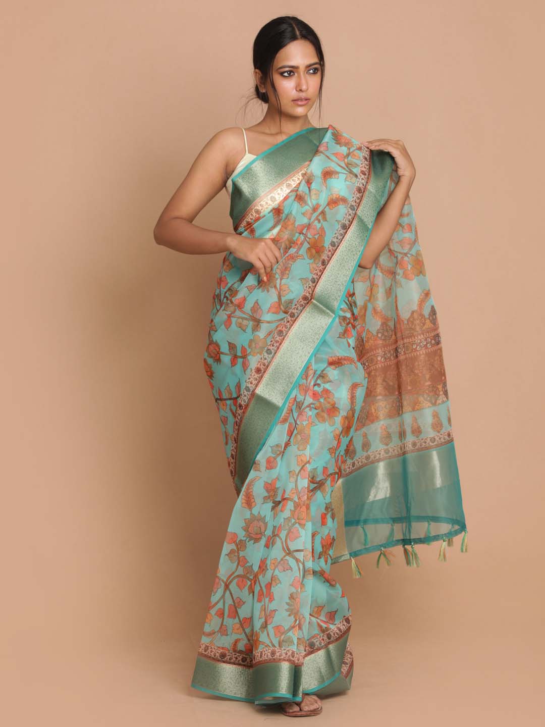 Indethnic Banarasi Green Printed Party Wear Saree - View 1