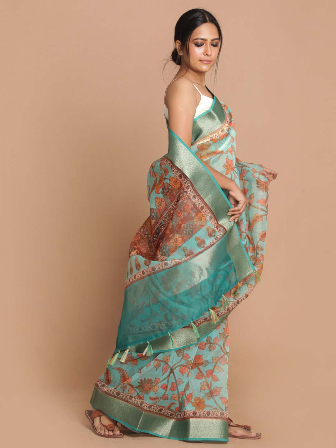 Indethnic Banarasi Green Printed Party Wear Saree - View 2