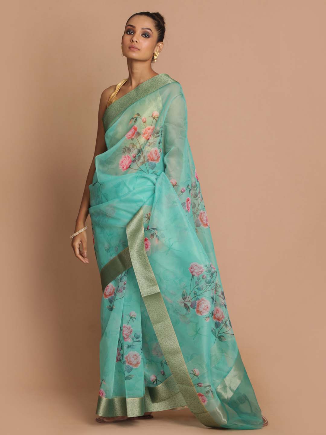 Indethnic Banarasi Green Printed Party Wear Saree - View 1