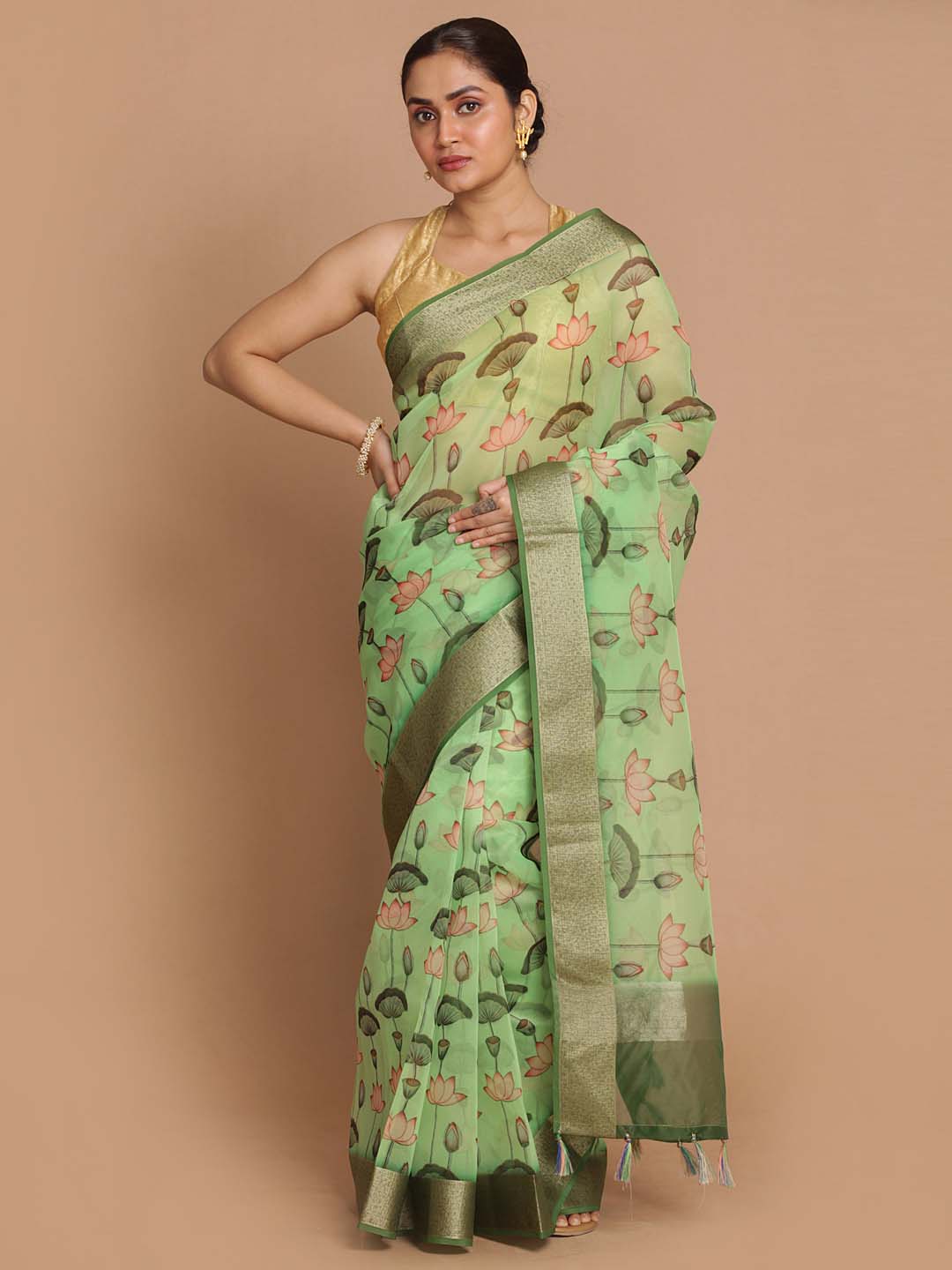 Indethnic Banarasi Green Printed Party Wear Saree - View 1