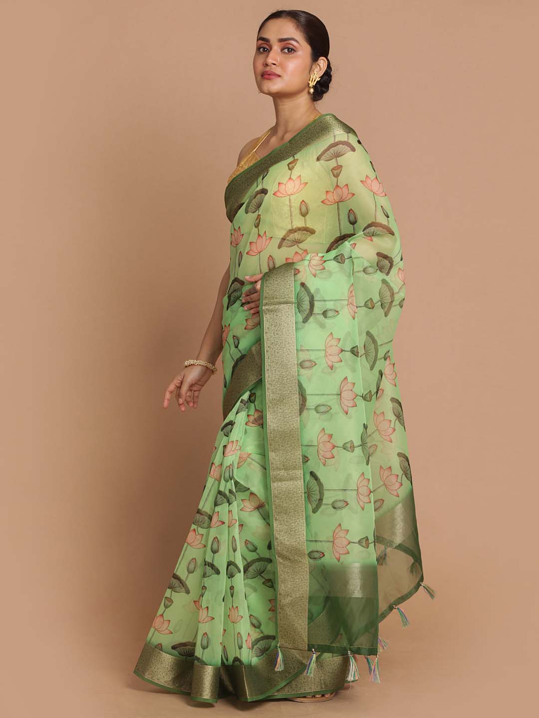 Indethnic Banarasi Green Printed Party Wear Saree - View 2