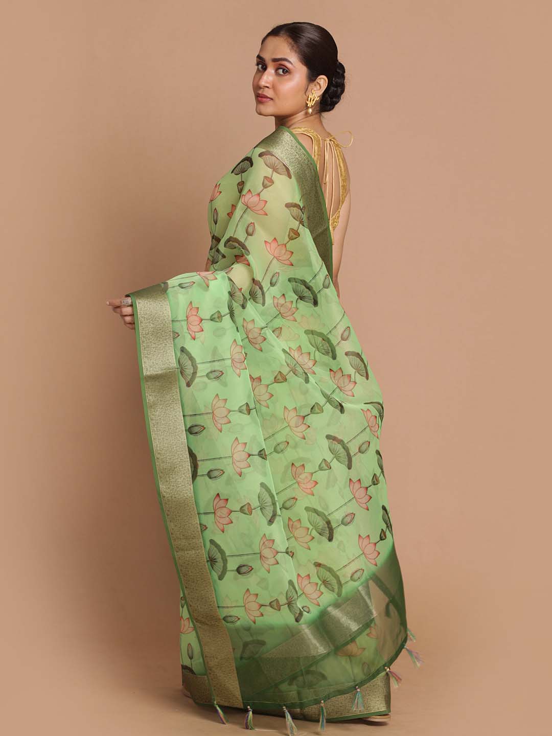 Indethnic Banarasi Green Printed Party Wear Saree - View 3