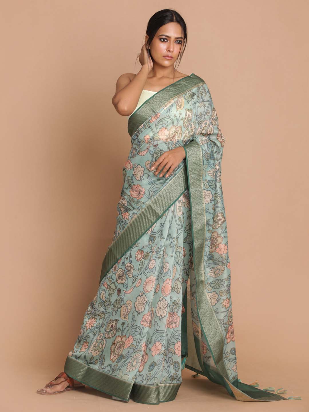 Indethnic Banarasi Green Printed Party Wear Saree - View 1