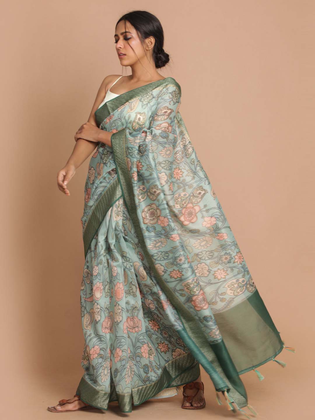 Indethnic Banarasi Green Printed Party Wear Saree - View 2