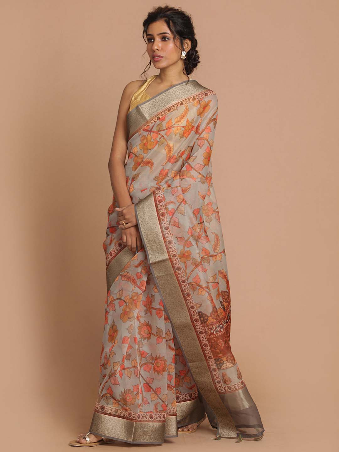 Indethnic Banarasi Grey Printed Party Wear Saree - View 1