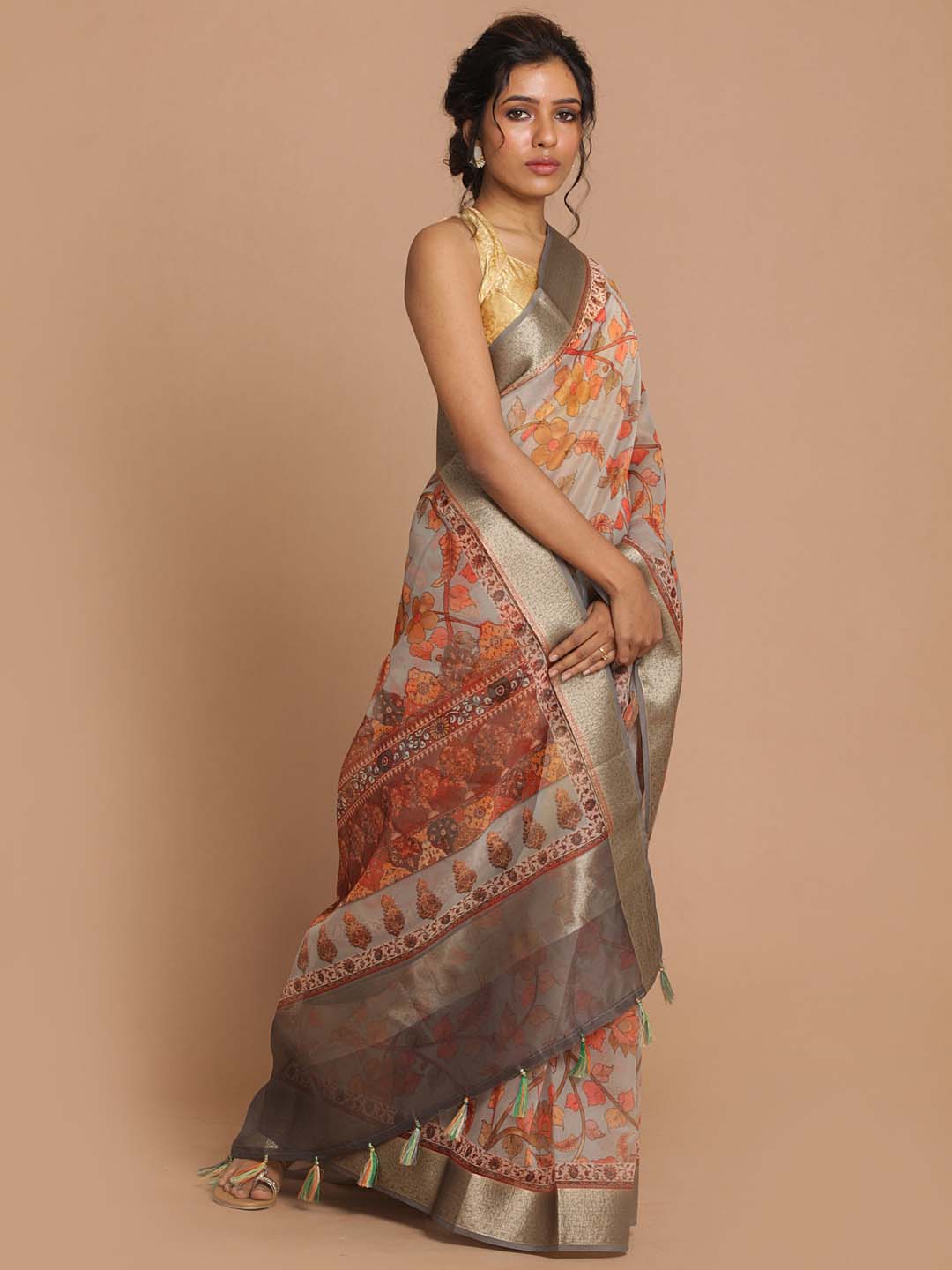 Indethnic Banarasi Grey Printed Party Wear Saree - View 2