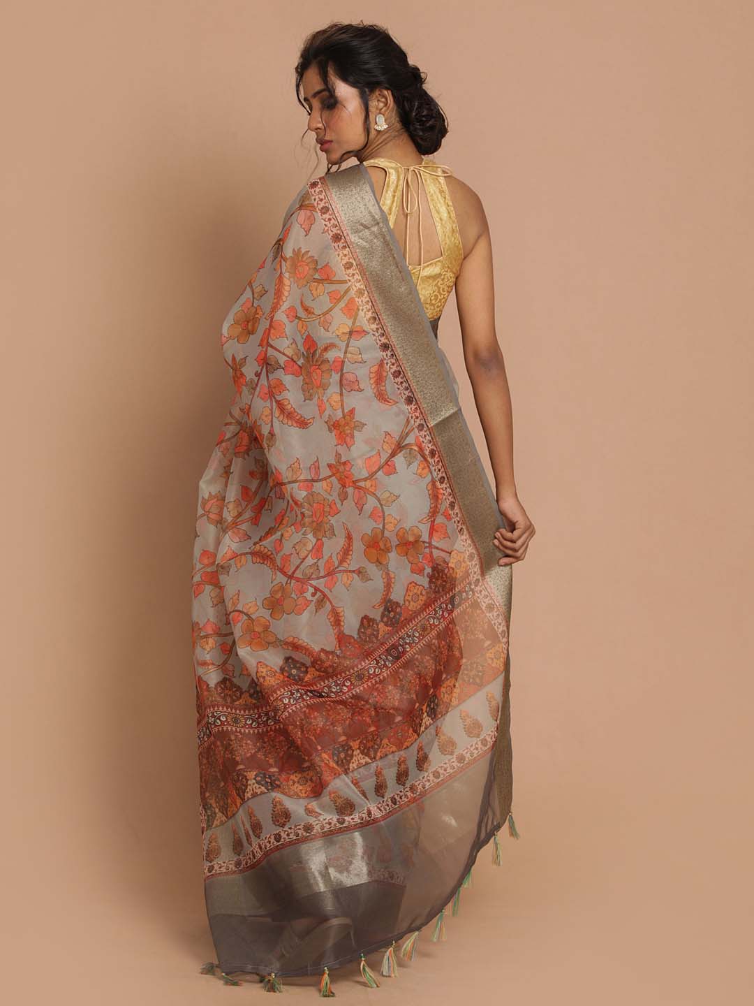 Indethnic Banarasi Grey Printed Party Wear Saree - View 3