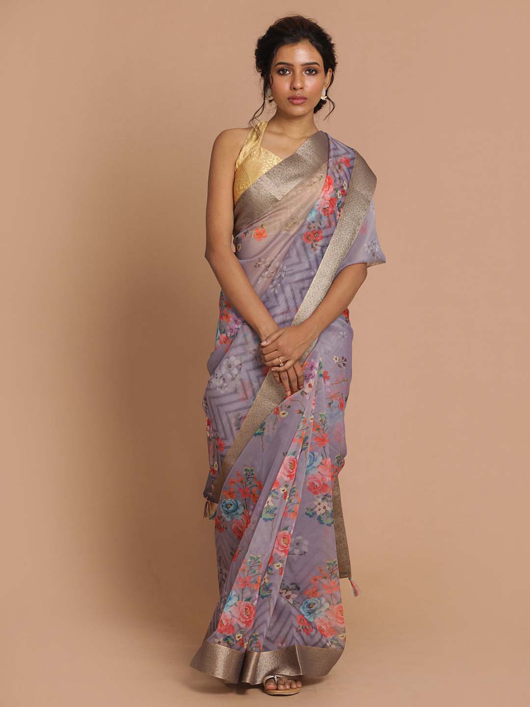 Indethnic Banarasi Lavendar Printed Party Wear Saree - View 1