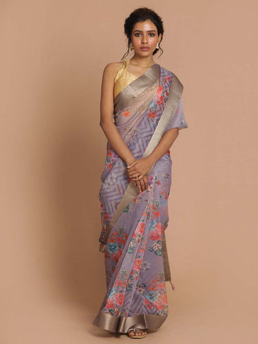 Banarasi Lavendar Printed Party Wear Saree