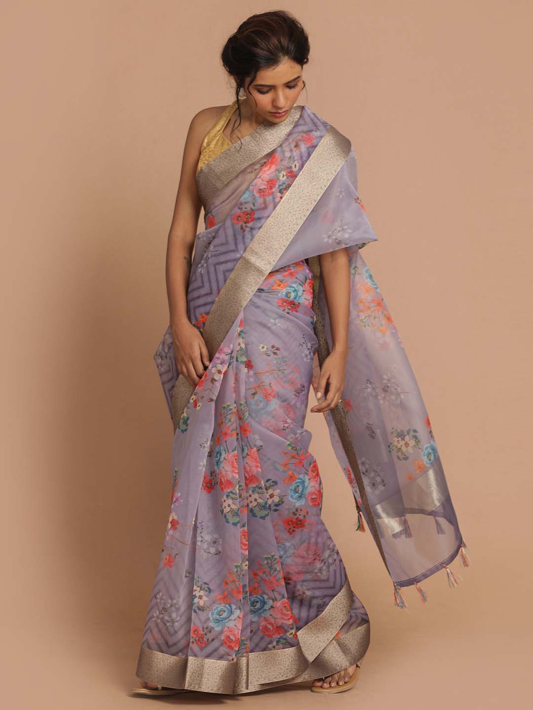 Indethnic Banarasi Lavendar Printed Party Wear Saree - View 2