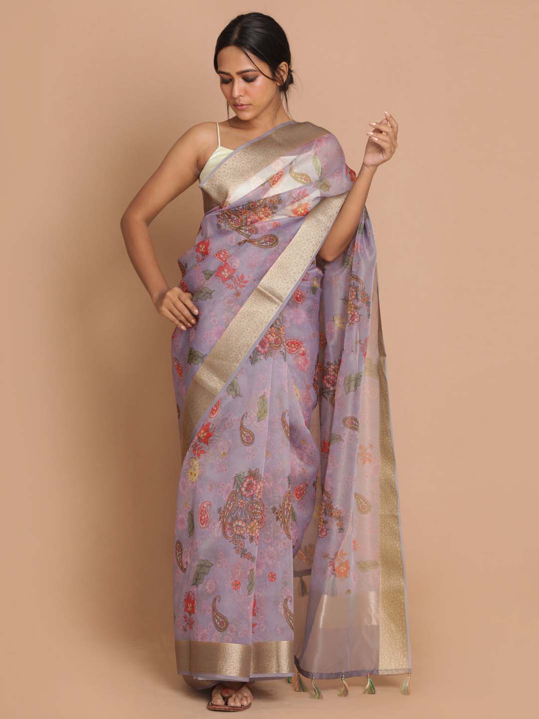 Indethnic Banarasi Lavendar Printed Party Wear Saree - View 1