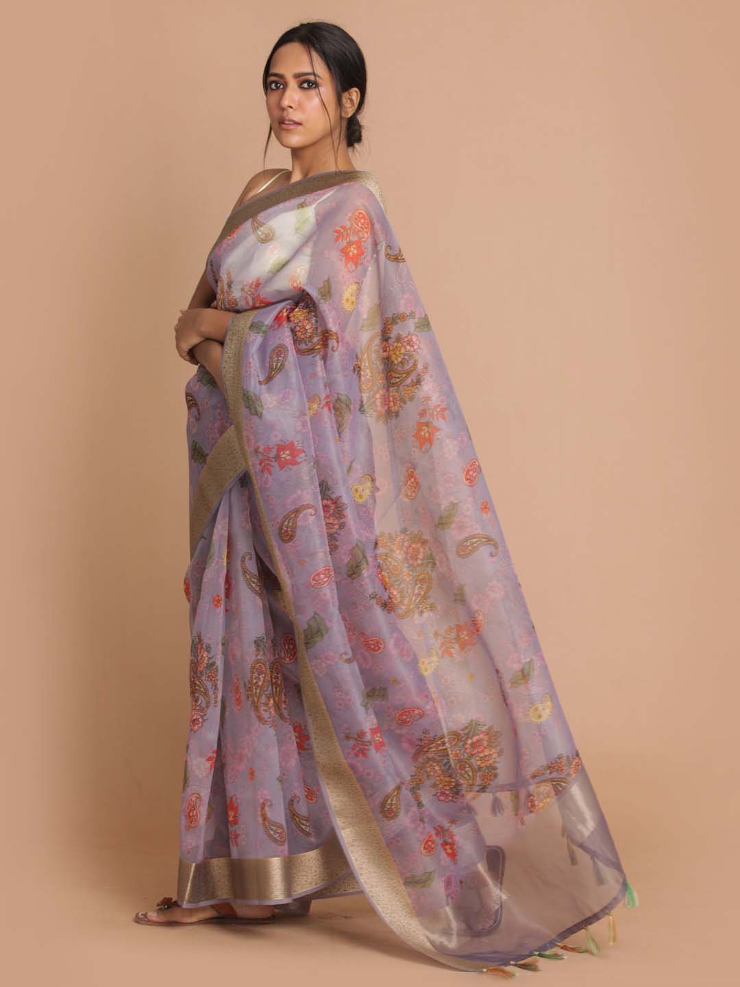 Indethnic Banarasi Lavendar Printed Party Wear Saree - View 2