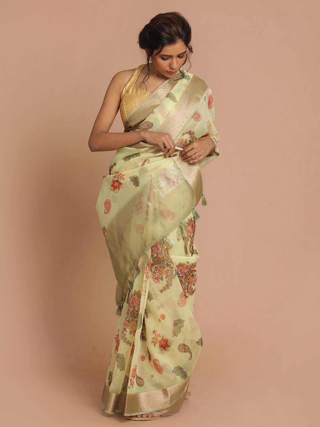 Indethnic Banarasi Lime Green Printed Party Wear Saree - View 1