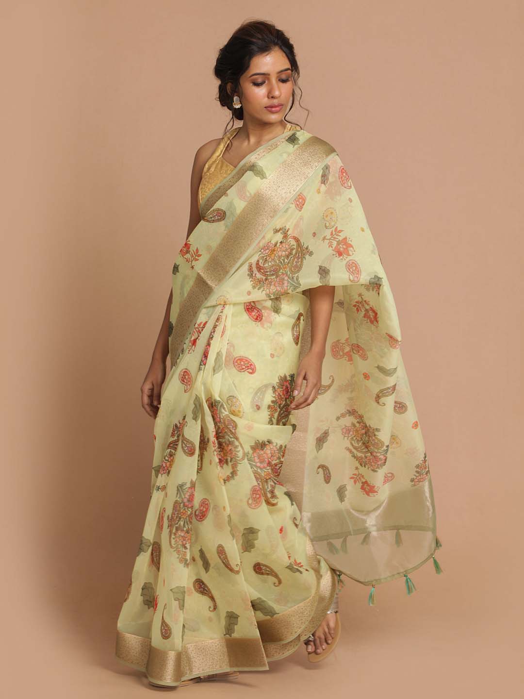 Indethnic Banarasi Lime Green Printed Party Wear Saree - View 2