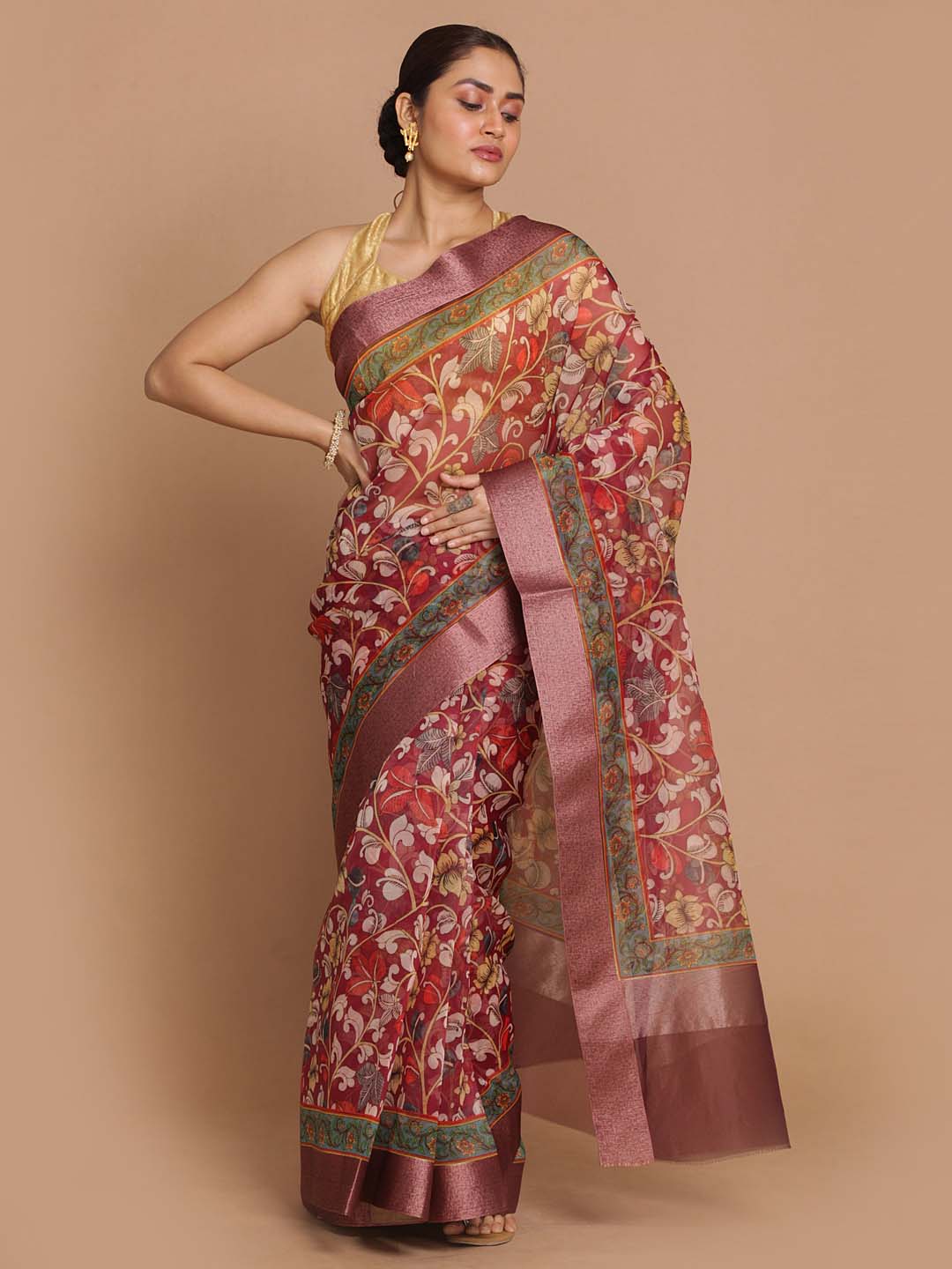 Indethnic Banarasi Maroon Printed Party Wear Saree - View 1