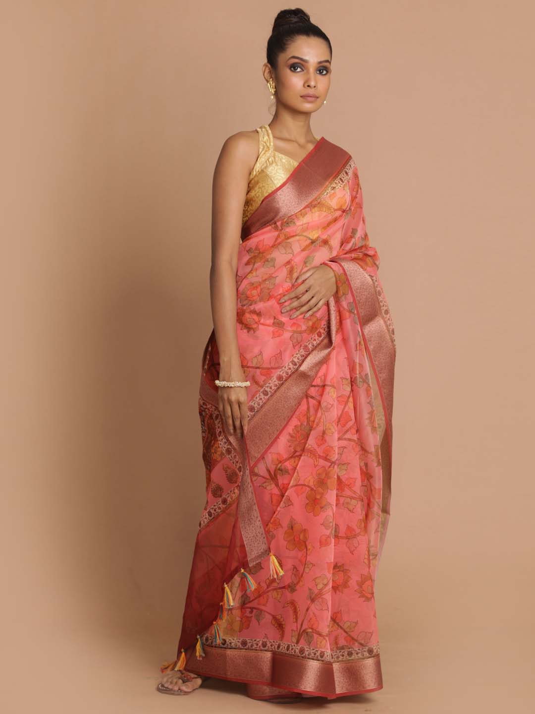 Indethnic Banarasi Maroon Printed Party Wear Saree - View 1
