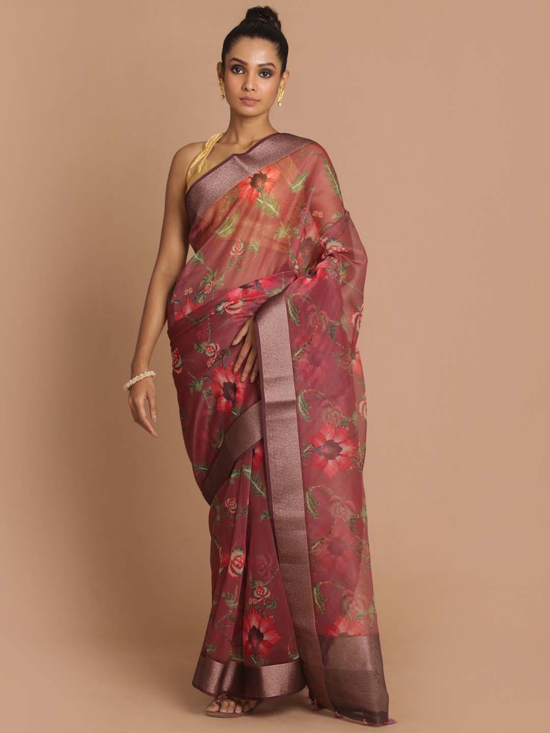 Indethnic Banarasi Maroon Printed Party Wear Saree - View 1