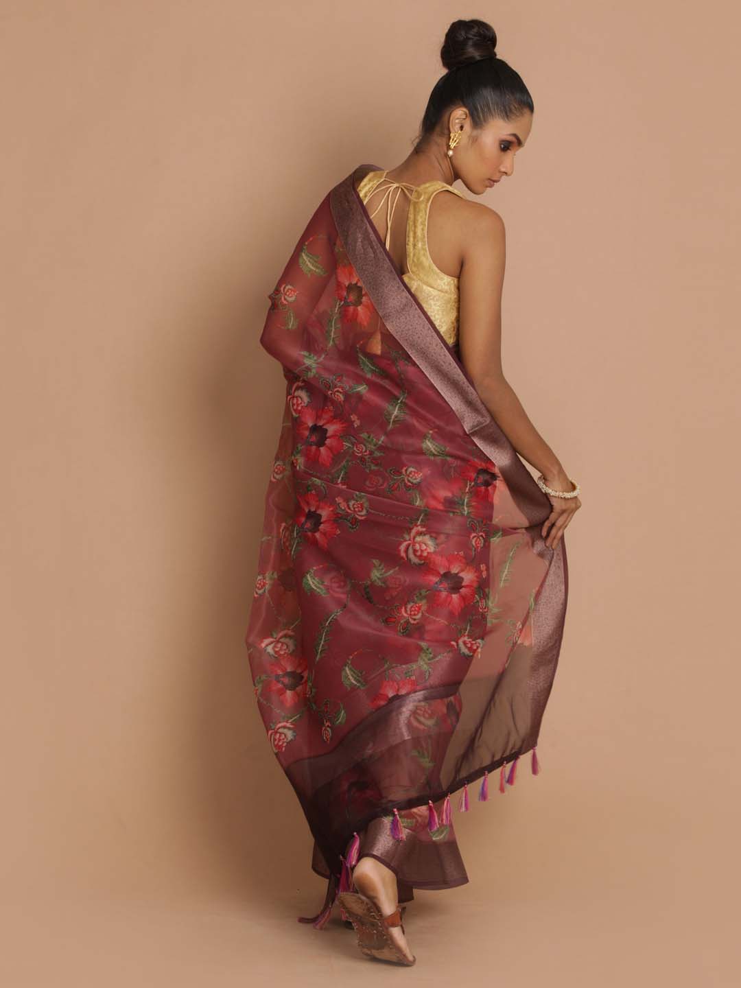 Indethnic Banarasi Maroon Printed Party Wear Saree - View 3