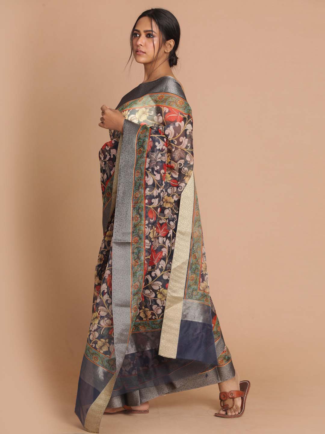 Indethnic Banarasi Navy Blue Printed Party Wear Saree - View 2