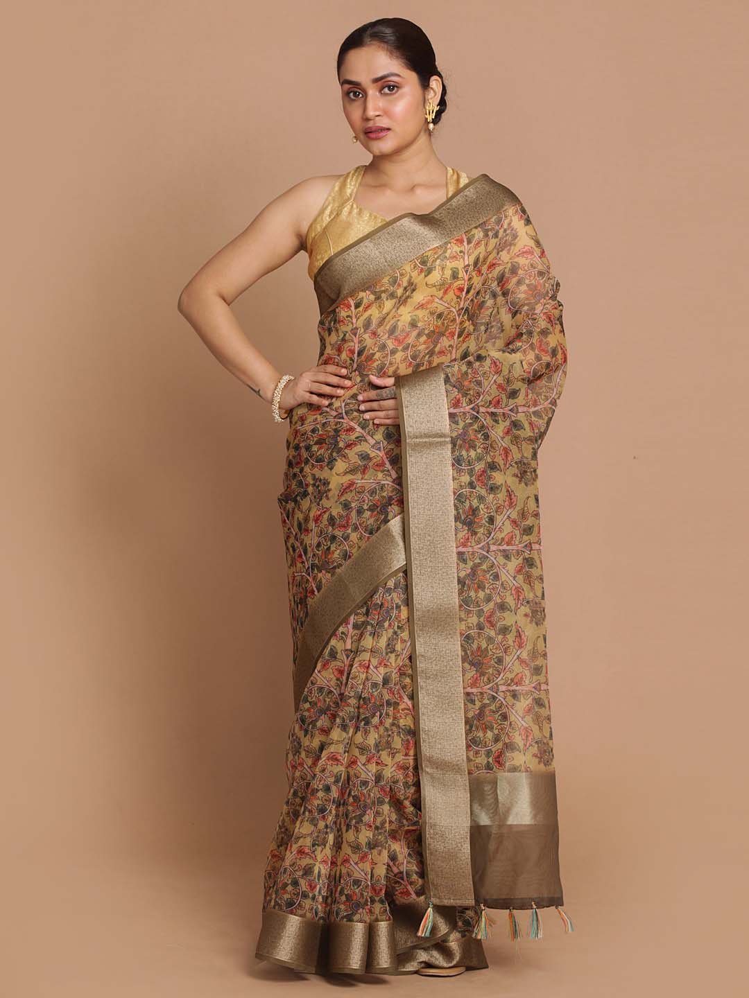 Indethnic Banarasi Olive Printed Party Wear Saree - View 1