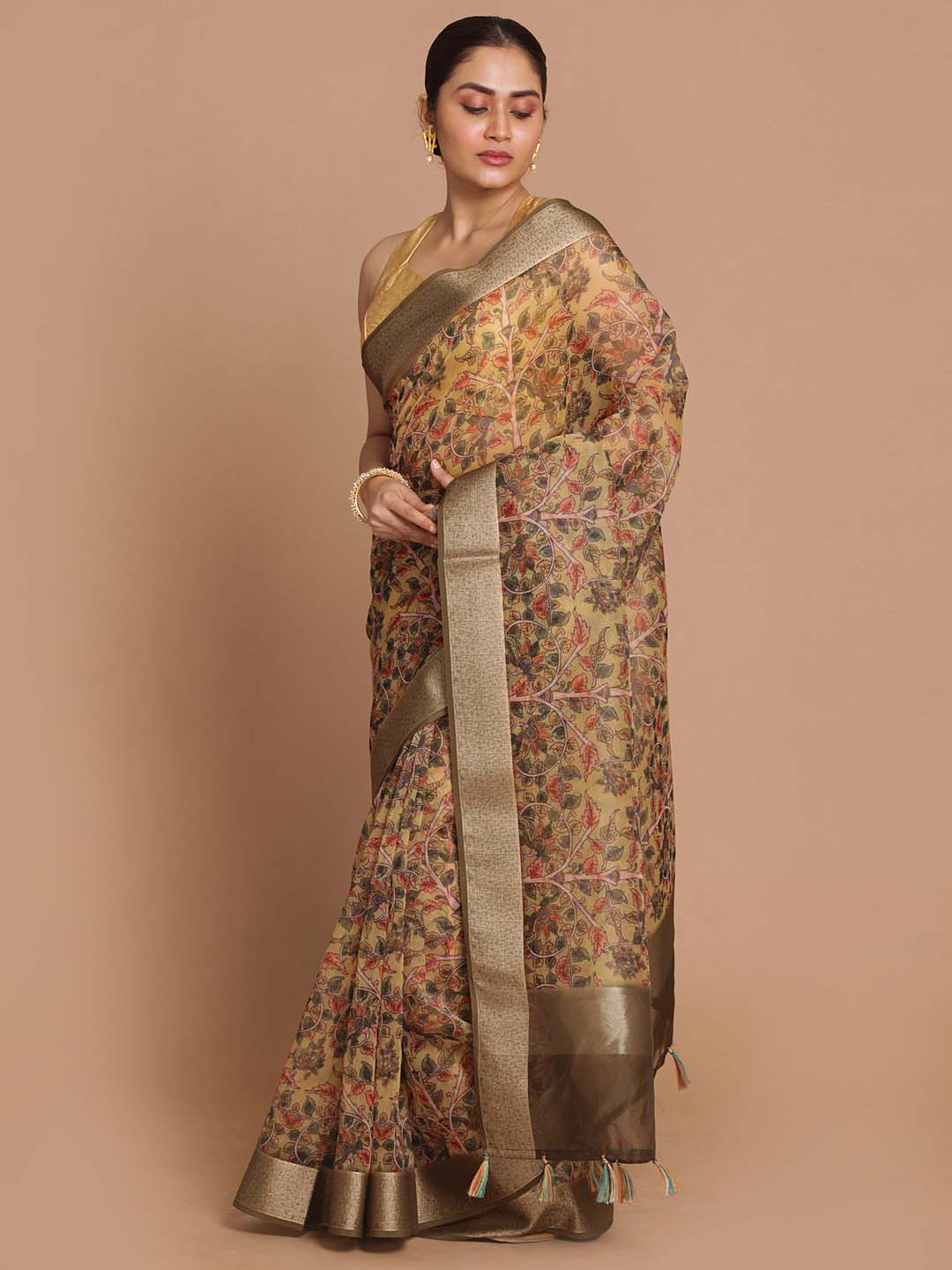 Indethnic Banarasi Olive Printed Party Wear Saree - View 2